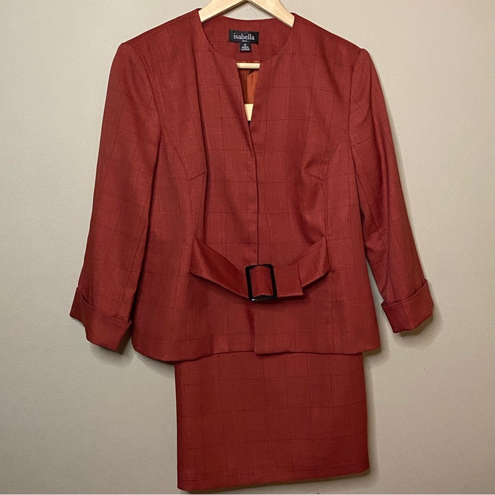 Isabella Window Pane Skirt Suit Set Size 12 Burnt Orange Snap Buttons Faux Belt